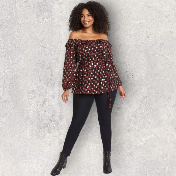 Lane Bryant Plus Size 14-16 Floral Metallic Peasant Blouse Sheer Ruffle Neck - Picture 2 of 6